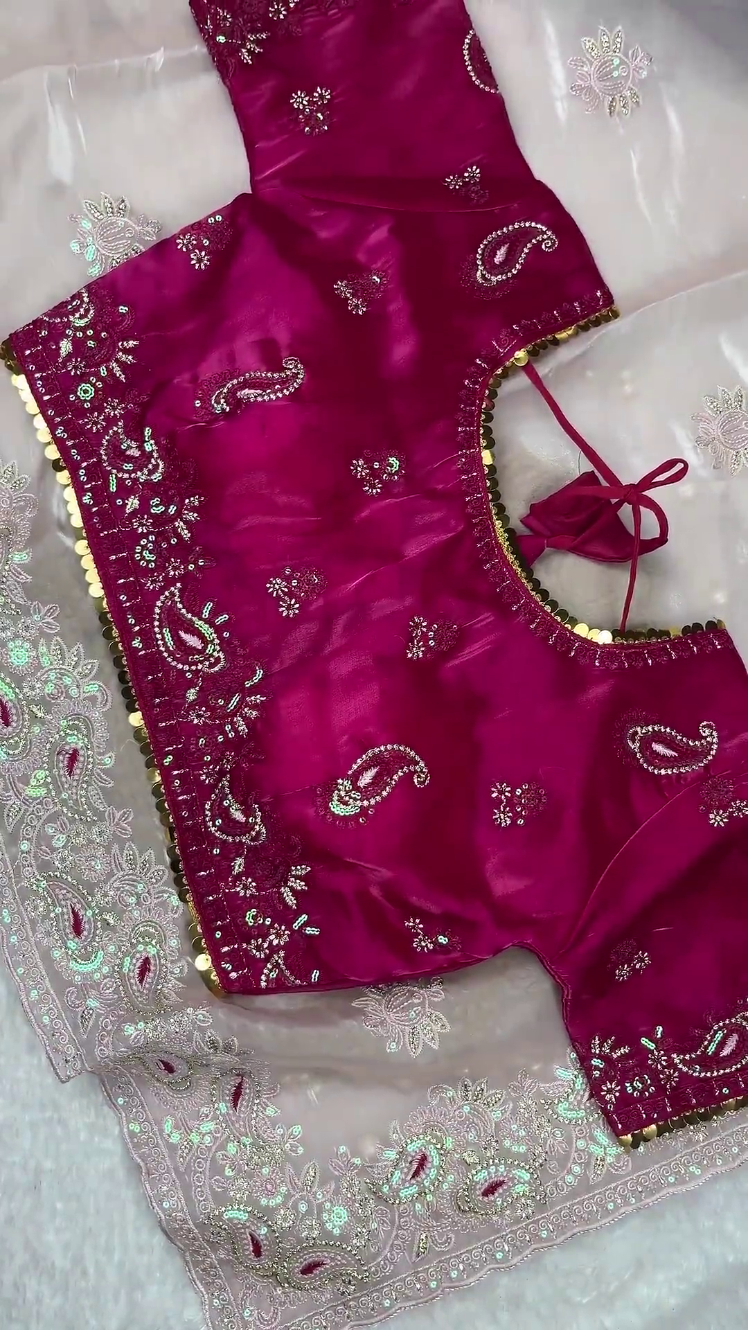 Magenta Pink Silk Paisley Blouse with Pastel Lavender Shimmer Dupatta