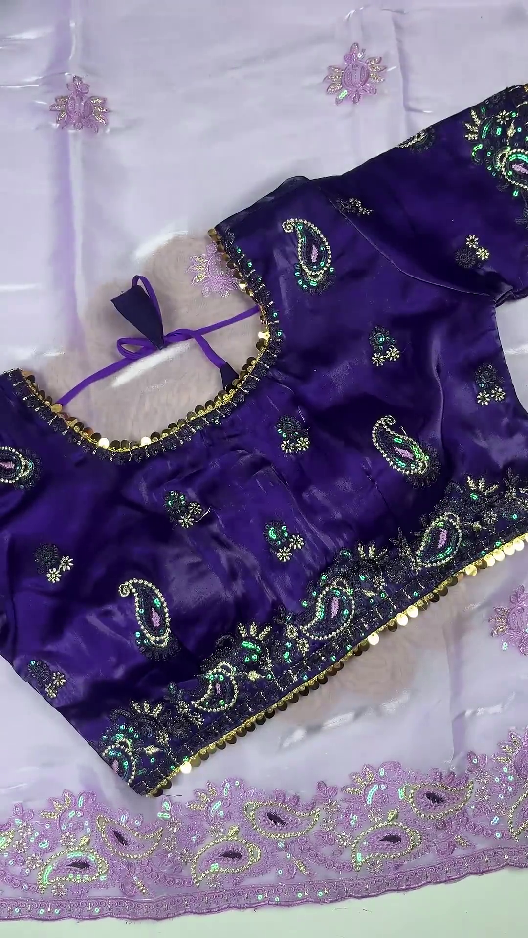 Royal Indigo Violet Silk Blouse with Lavender Scalloped Shimmer Dupatta