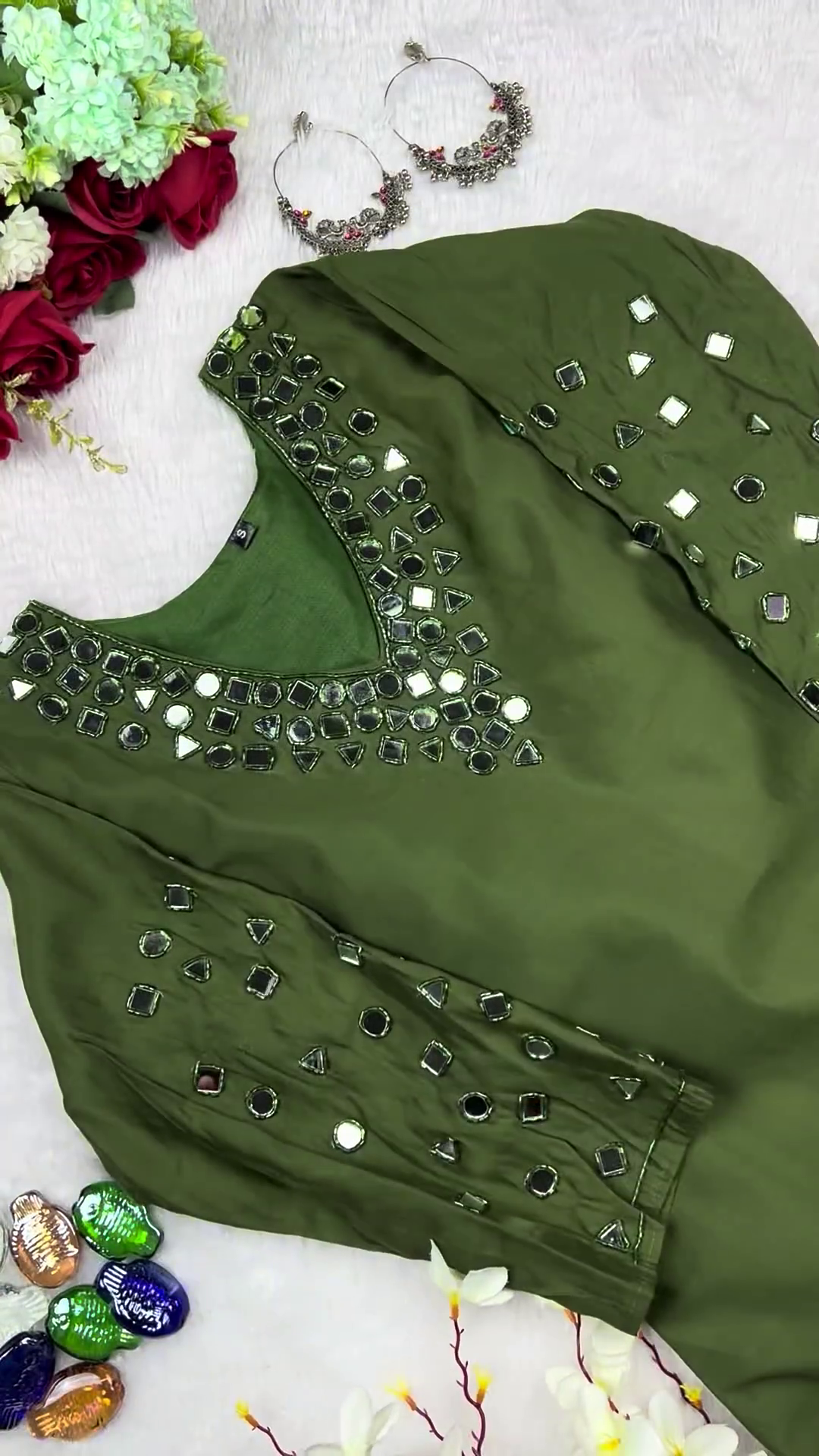 Olive Green Cotton-Silk Kurti with Geometric Mirror-Work Neckline