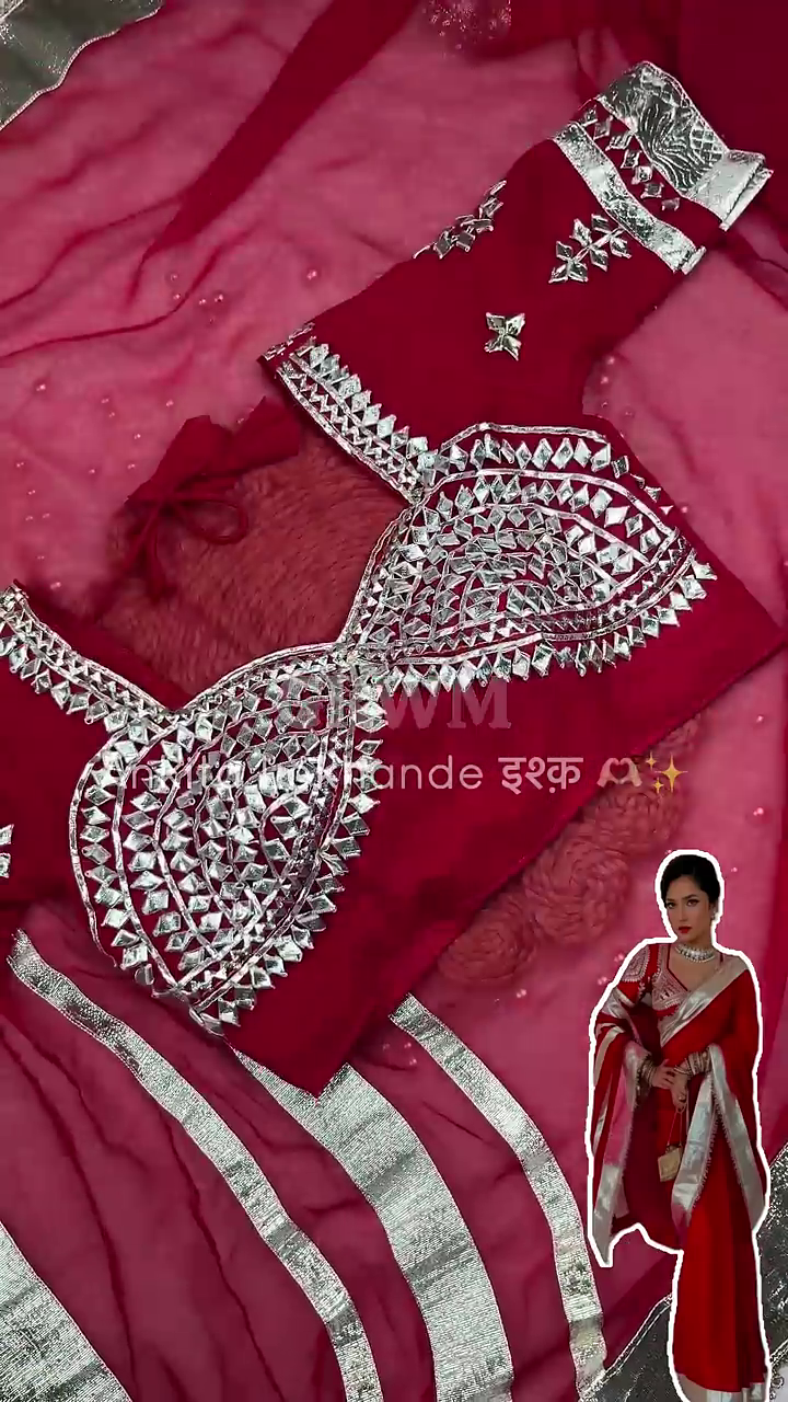 Crimson Red Silk Blouse with Half-Moon Geometric Mirror Mosaic