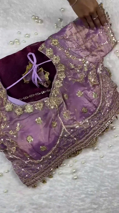 Lavender Lilac Scalloped Silk Designer Blouse with Golden Zari Work