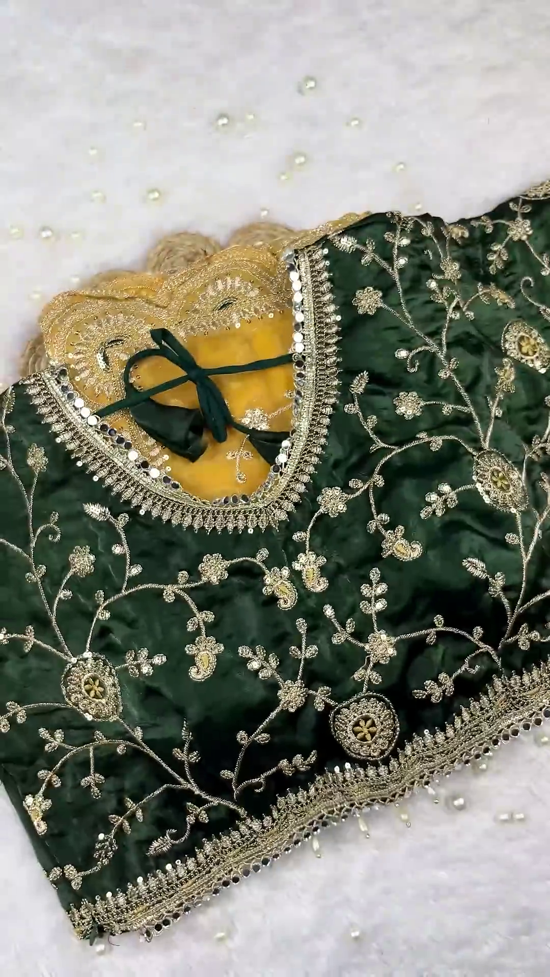 Emerald Green Velvet Gota Patti Designer Blouse with Scalloped Mustard Dupatta