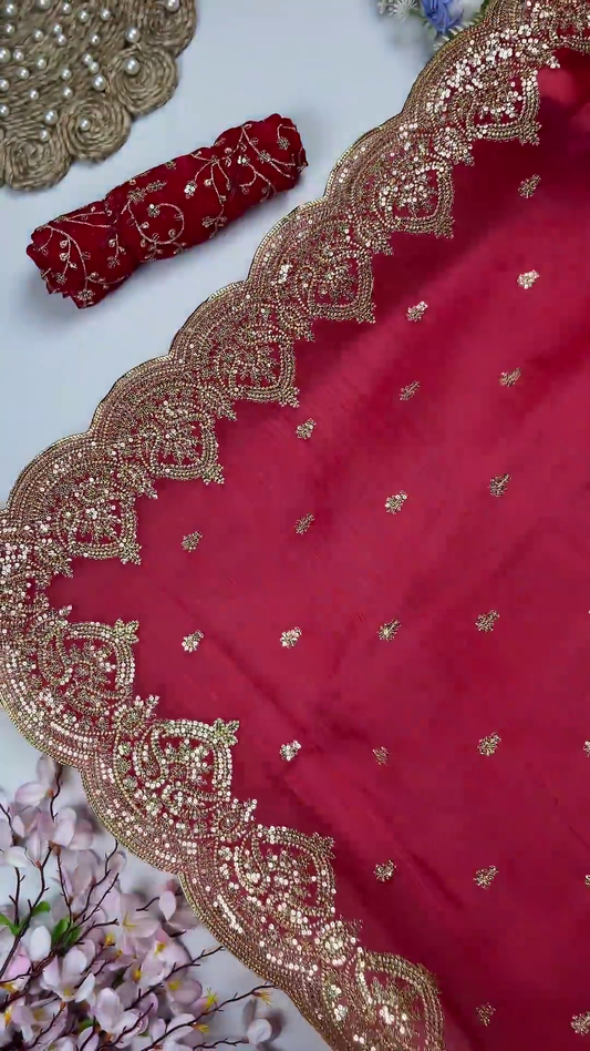 Ruby Red Georgette Saree with Heavy Scalloped Zari Border