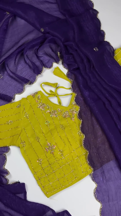 Lime Yellow Hand-Embroidered Blouse with Deep Violet Scalloped Dupatta