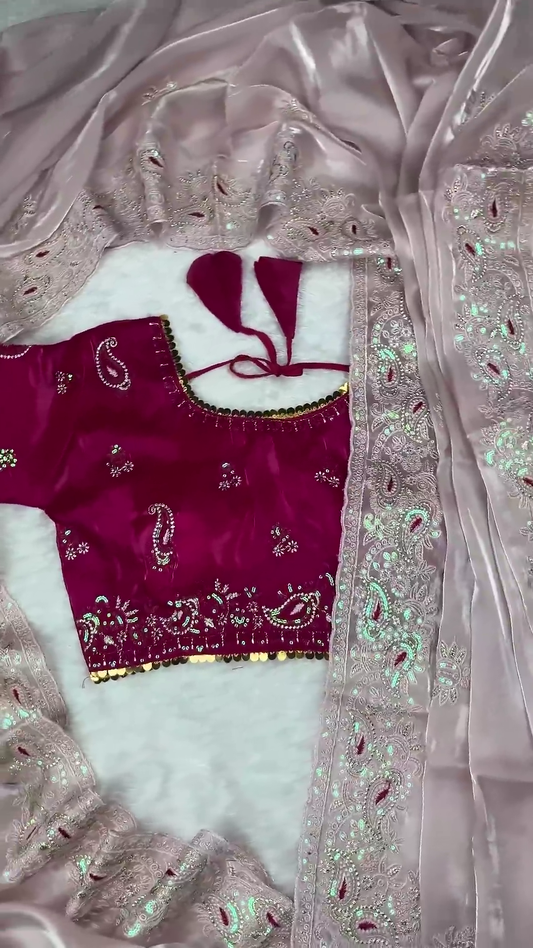 Magenta Pink Silk Paisley Blouse with Pastel Lavender Shimmer Dupatta