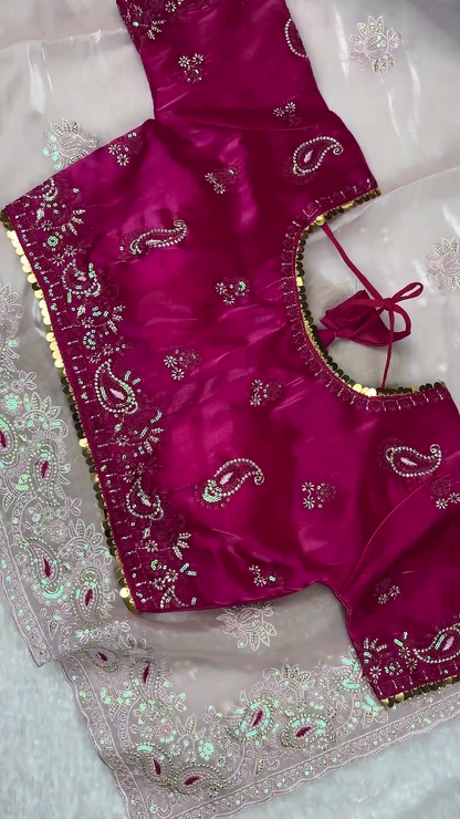 Magenta Pink Silk Paisley Blouse with Pastel Lavender Shimmer Dupatta