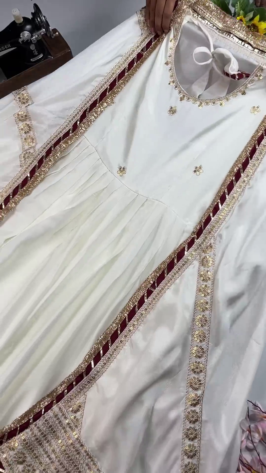 Pearl White Silk Anarkali Gown with Ruched Sleeves and Contrast Tie-Back