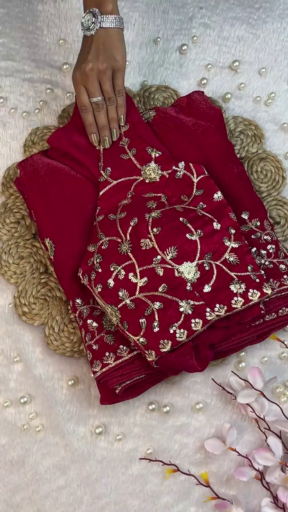 Ruby Red Velvet V-Neck Blouse with Gold Zari Floral Jaal