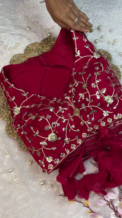 Ruby Red Velvet V-Neck Blouse with Gold Zari Floral Jaal