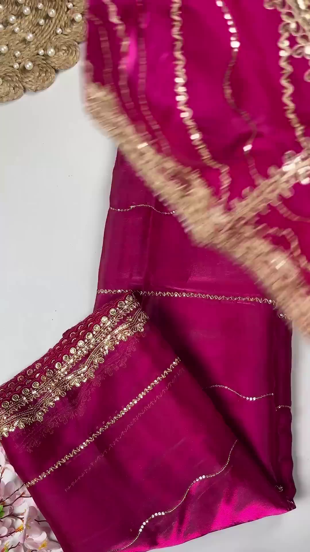Magenta Pink Silk-Blend Blouse with Horizontal Wavy Sequin Embroidery