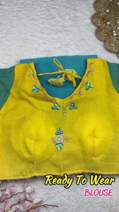 Lemon Yellow Chanderi Silk Blouse with Teal Blue Leaf Embroidery
