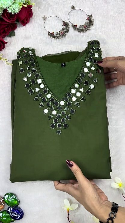 Olive Green Cotton-Silk Kurti with Geometric Mirror-Work Neckline