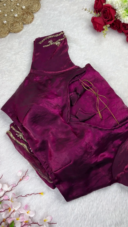 Plum Silk Blouse with Gold Zari Vine Embroidery