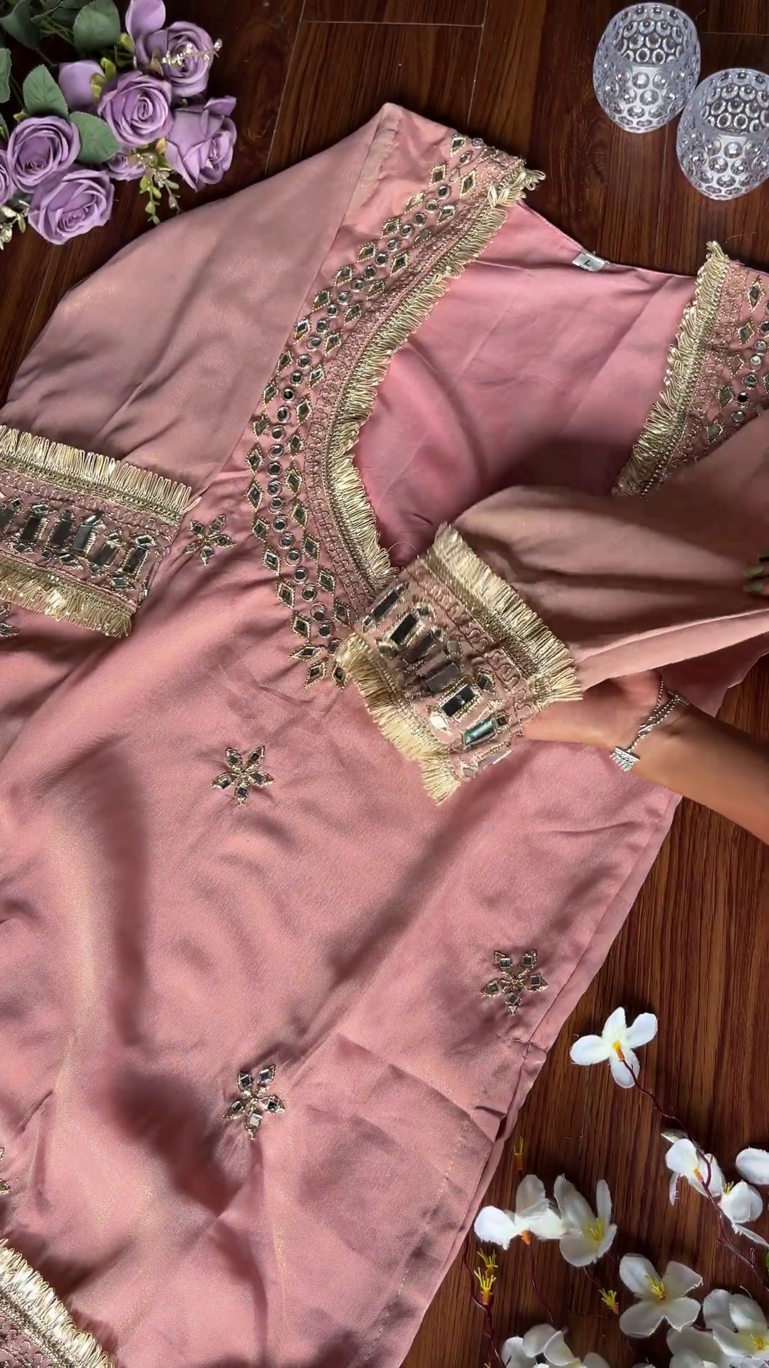 Dusty Rose Silk Kurti with Mosaic Mirror Work and Gota Fringe