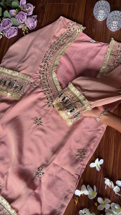 Dusty Rose Silk Kurti with Mosaic Mirror Work and Gota Fringe