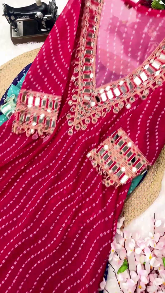 Bandhani Georgette Anarkali Suit with Geometric Mirror Work