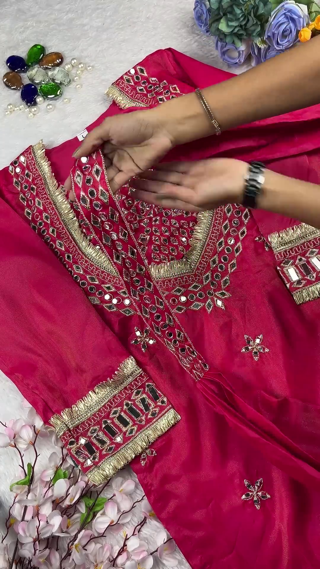 Hot Pink Silk Kurti with Geometric Mirror Mosaic and Gota Fringe