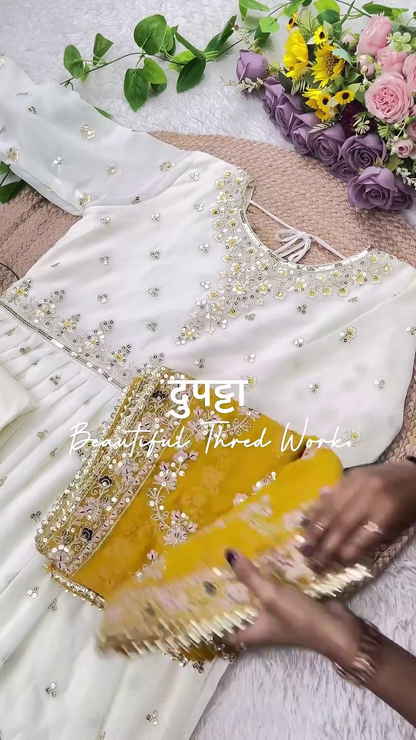 White Georgette Flared Anarkali with Sequin Floral Embroidery