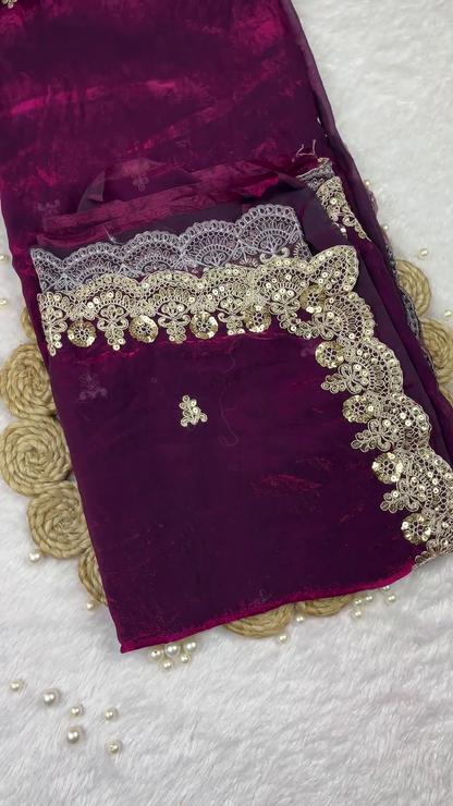 Plum Velvet Heritage Blouse and Scalloped Saree Set