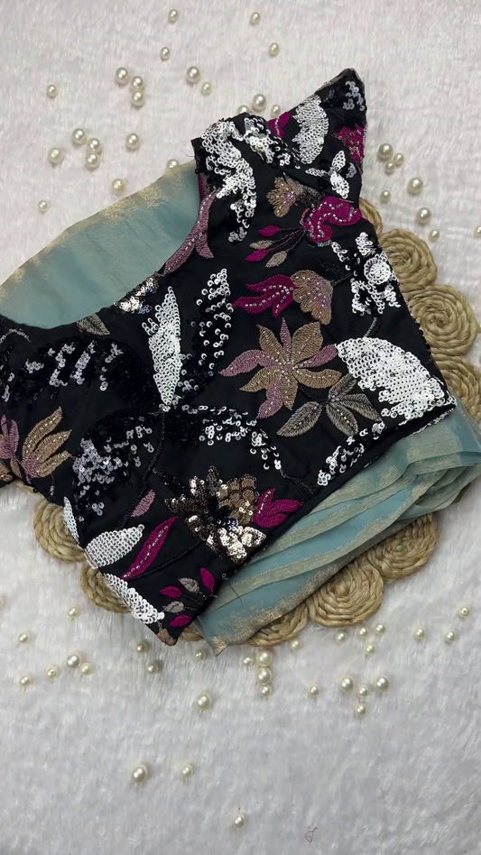 Midnight Black Sequin Floral Blouse with Mint Green Shimmer Saree