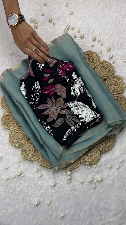 Midnight Black Sequin Floral Blouse with Mint Green Shimmer Saree