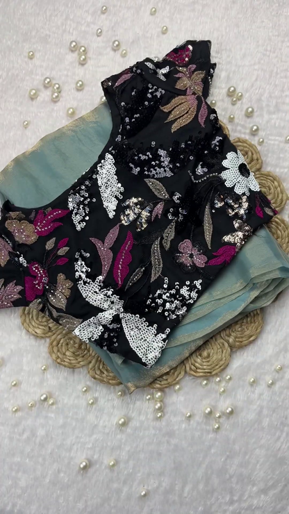 Midnight Black Sequin Floral Blouse with Mint Green Shimmer Saree