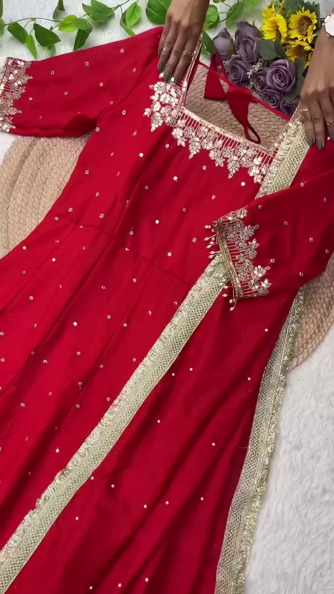 Floral Zari Embroidered Silk Anarkali with Sequin Buttis