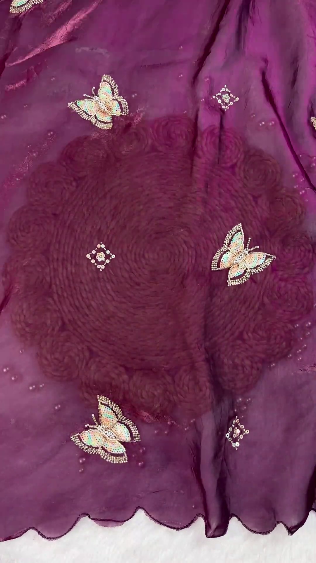 Royal Purple Shimmer Silk Blouse with 3D Sequin Butterfly Appliqués