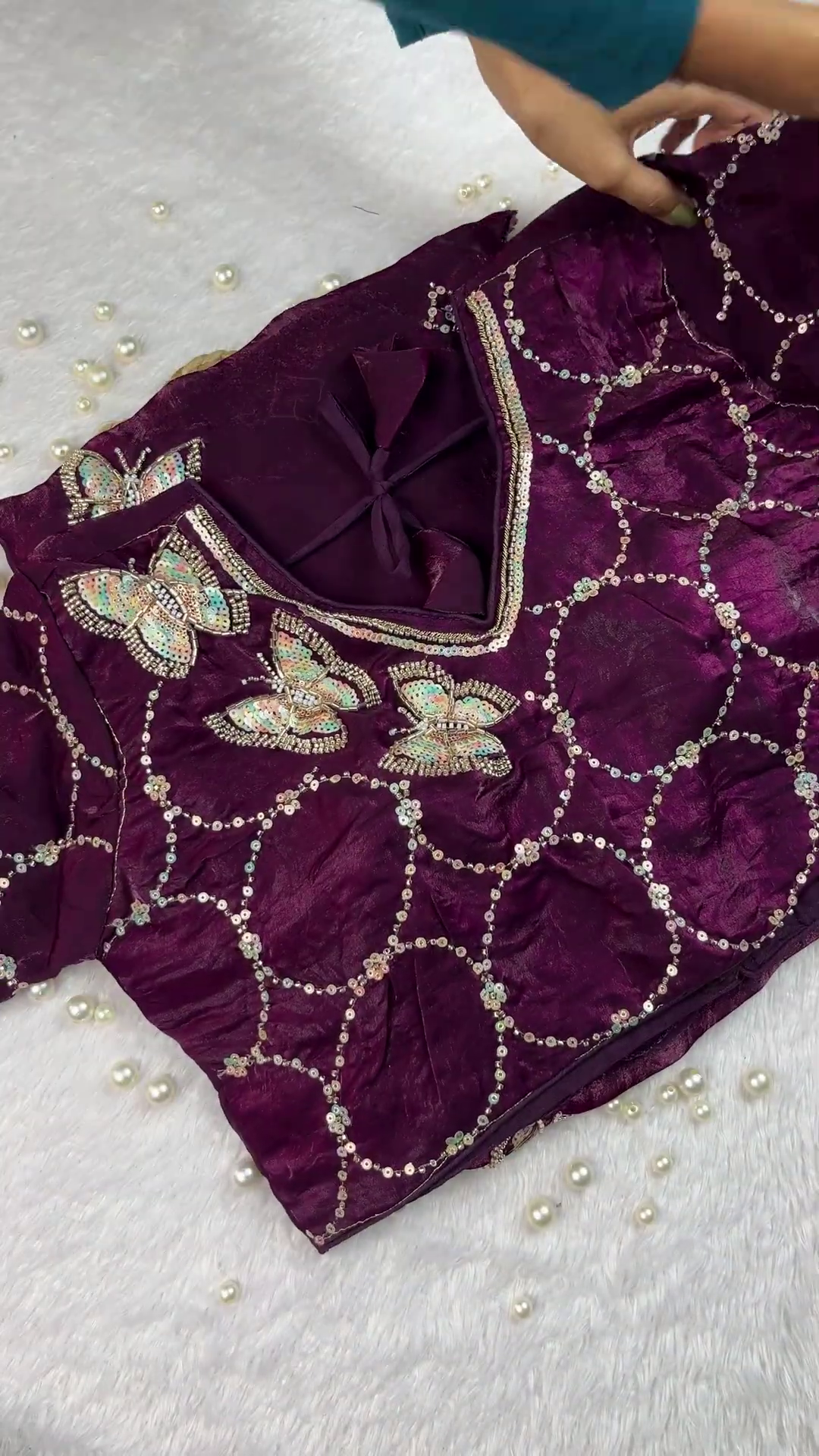 Royal Purple Shimmer Silk Blouse with 3D Sequin Butterfly Appliqués