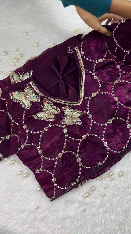 Royal Purple Shimmer Silk Blouse with 3D Sequin Butterfly Appliqués