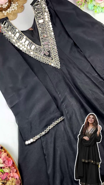 Midnight Black Velvet Anarkali with Geometric Mirror Mosaic and Pearl-Drop Dupatta