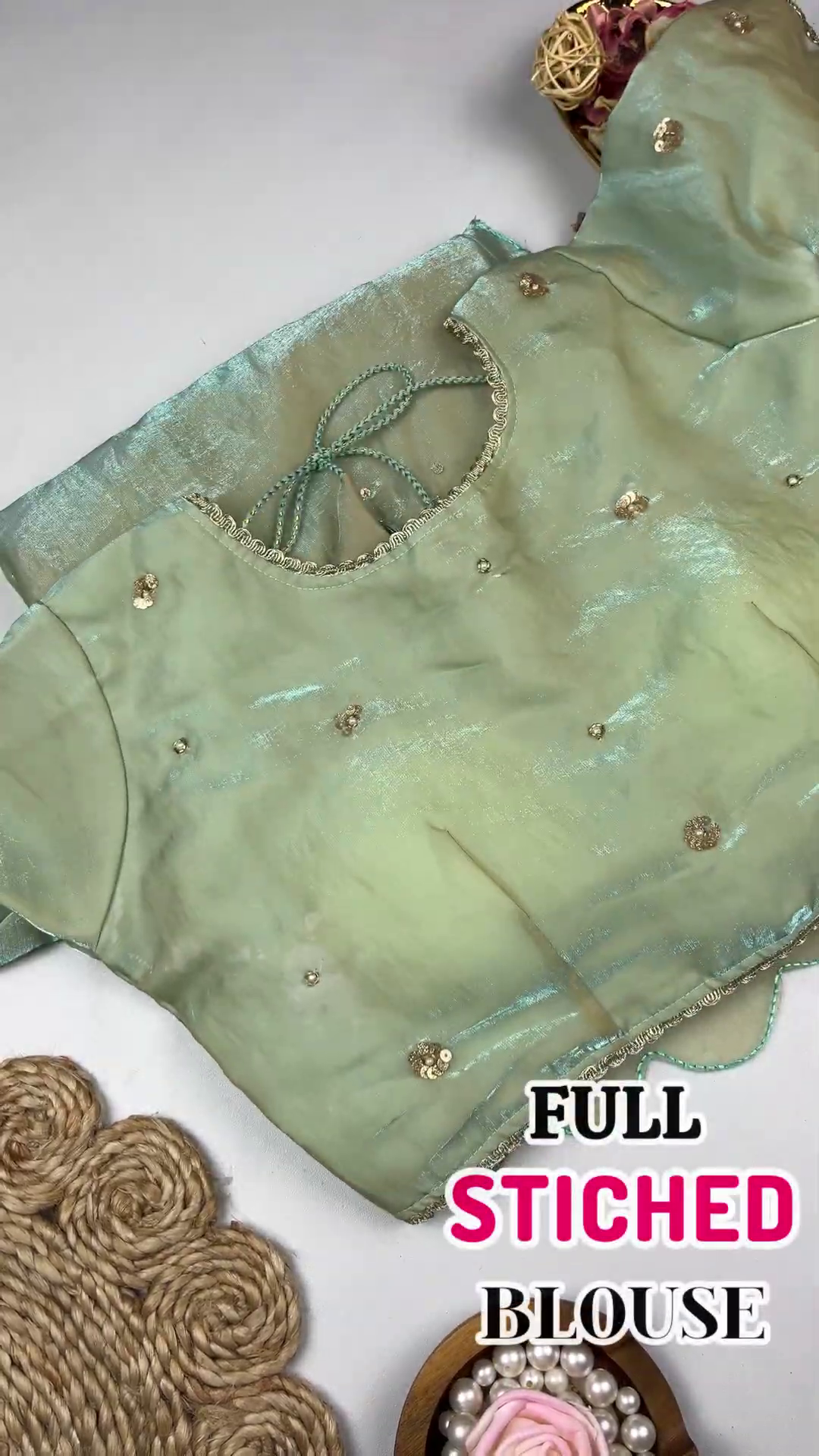 Seafoam Mint Shimmer Silk Blouse with Scalloped Zari Border