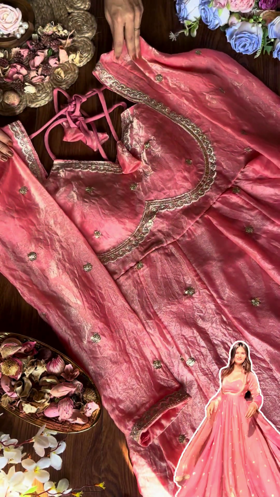 Dusty Rose Shimmer Silk Anarkali with Scalloped Zari Borders