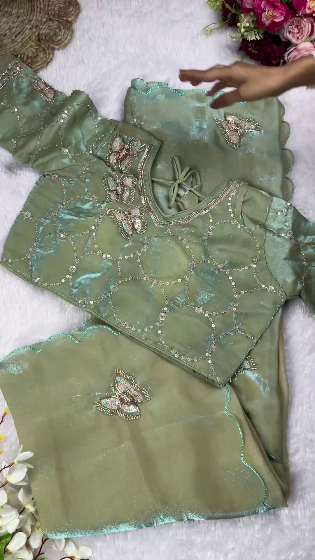 Jewel-Toned Shimmer Blouse with 3D Butterfly Appliqués and Scalloped Saree Set