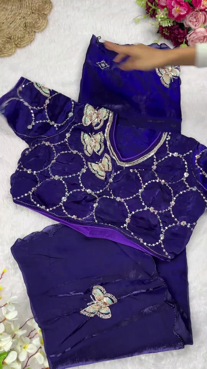 Jewel-Toned Shimmer Blouse with 3D Butterfly Appliqués and Scalloped Saree Set
