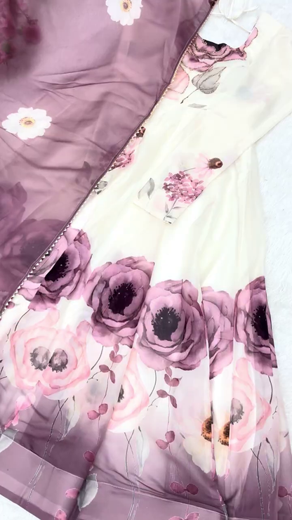 Ivory Floral-Print Organza Gown with Lavender Accents