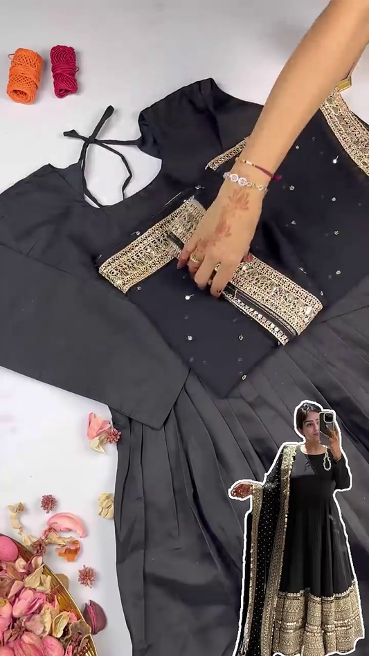 Midnight Black Silk Anarkali with Geometric Zari Border