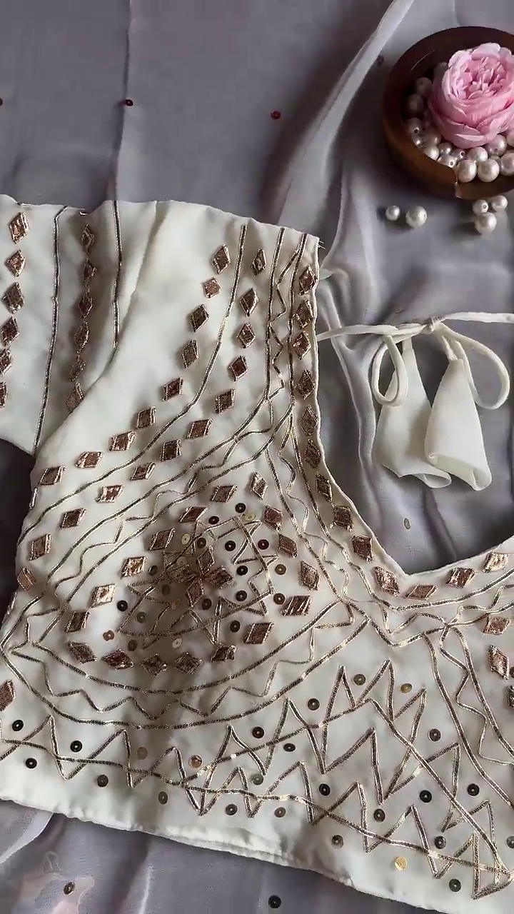 Ivory Georgette Blouse with Geometric Gota-Patti and Sequin Stripes