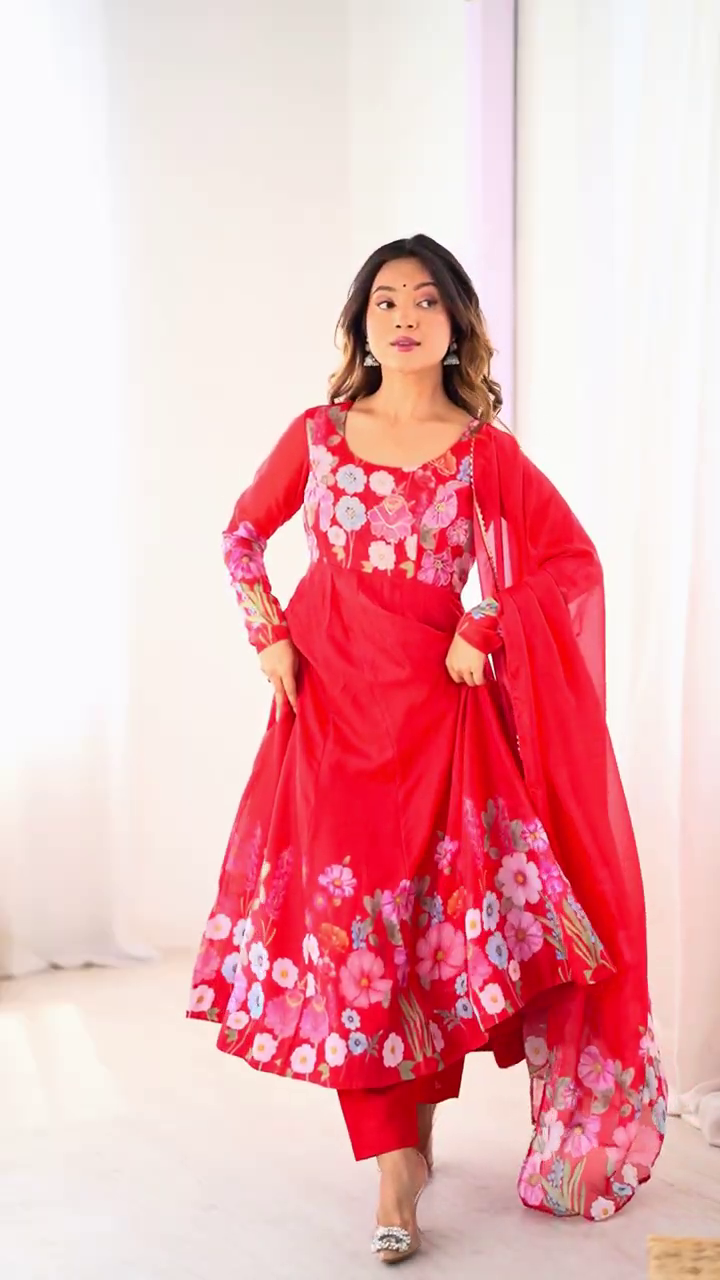 Vibrant Crimson Georgette Anarkali with Botanical Floral Accents