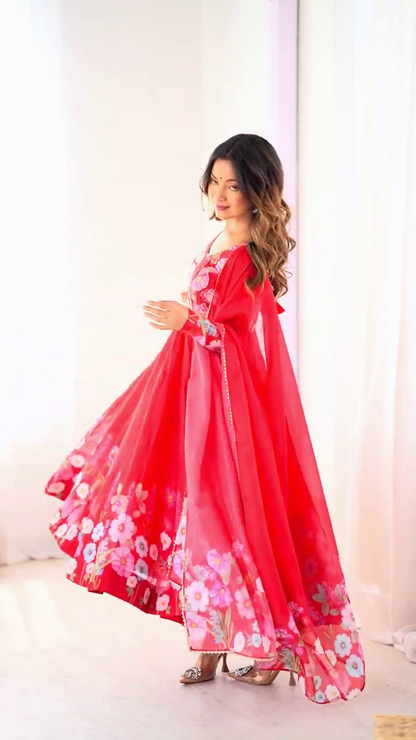Vibrant Crimson Georgette Anarkali with Botanical Floral Accents