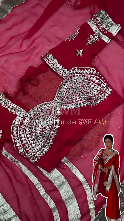 Crimson Red Silk Blouse with Half-Moon Geometric Mirror Mosaic
