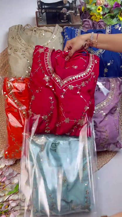 Jewel-Toned Shimmer Silk Anarkali with Geometric Mirror-Work Sleeves