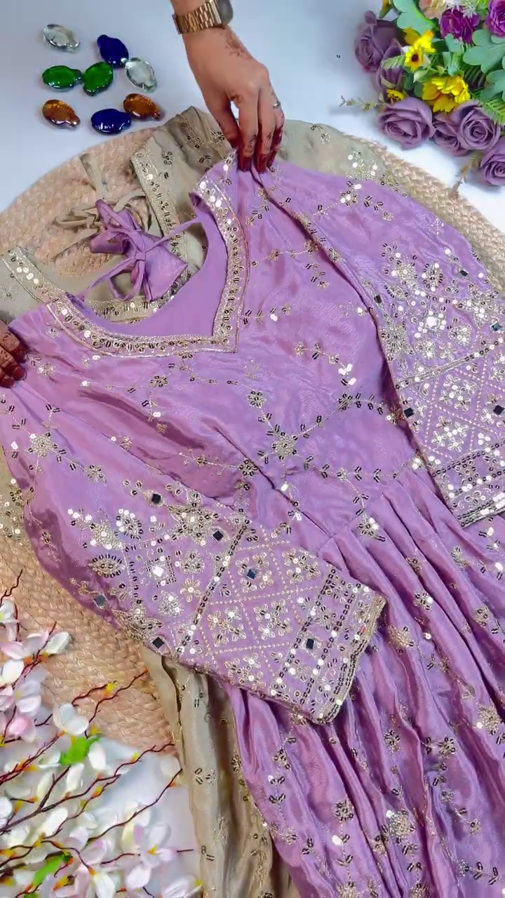 Jewel-Toned Shimmer Silk Anarkali with Geometric Mirror-Work Sleeves