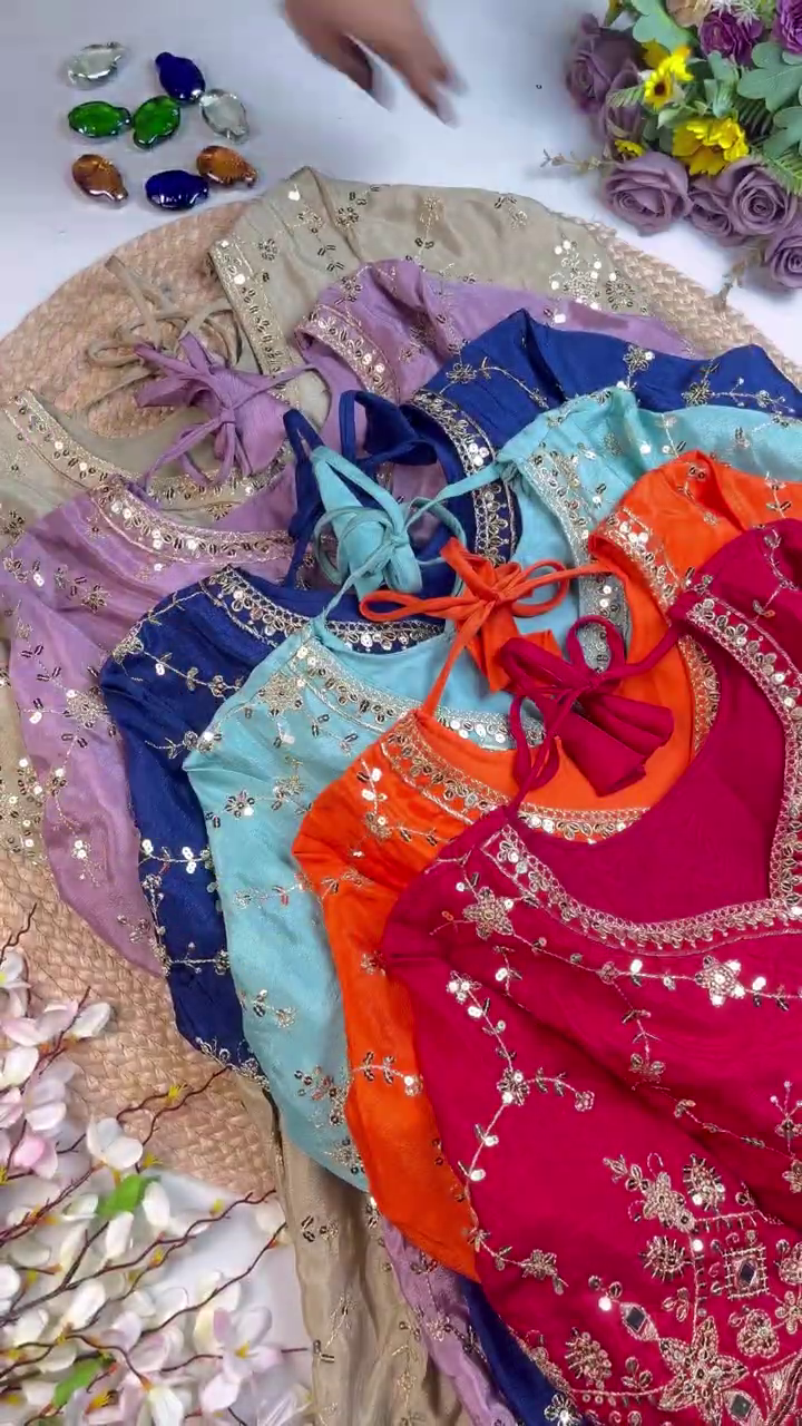 Jewel-Toned Shimmer Silk Anarkali with Geometric Mirror-Work Sleeves