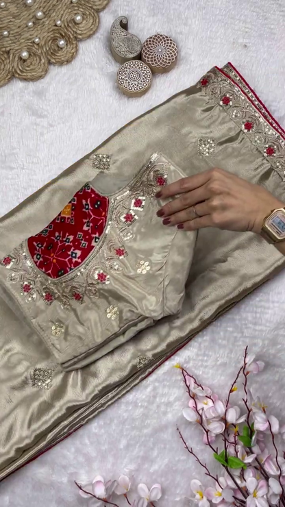 Patola Contrast Silk Blouse with Scalloped Zari Embroidery