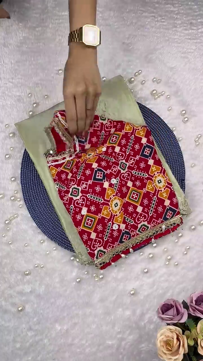 Pure Bandhani Silk Blouse with Gota-Patti and Mirror-Work Accents