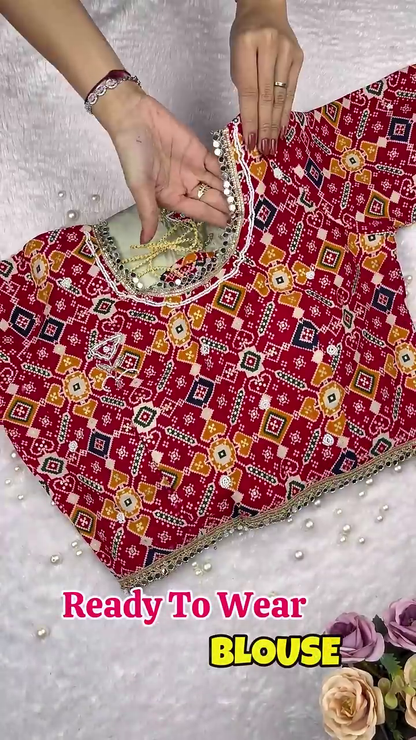 Pure Bandhani Silk Blouse with Gota-Patti and Mirror-Work Accents