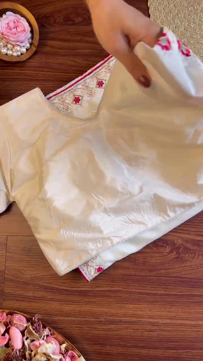 Ivory Silk Blouse with Patola-Print Bodice and Floral Zari Embroidery