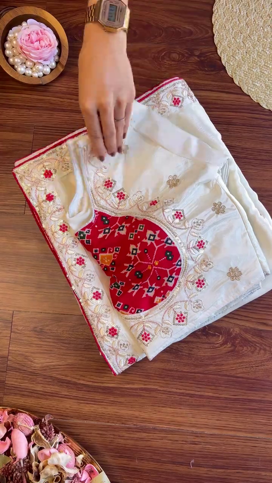 Ivory Silk Blouse with Patola-Print Bodice and Floral Zari Embroidery