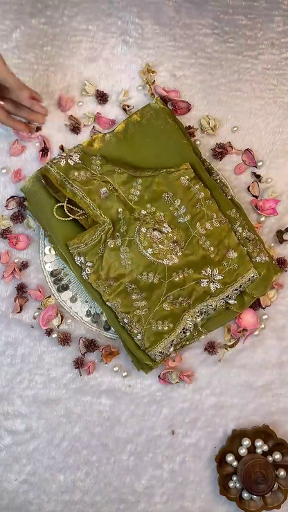 Olive Green Shimmer Silk Blouse with Scalloped Zari and Pearl Tassels